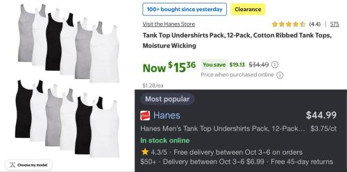 12-Pack Hanes Tank Tops for $15 at Walmart deal at Walmart