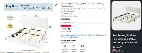 King Size Bed Frame & Headboard for $70 deal at Amazon